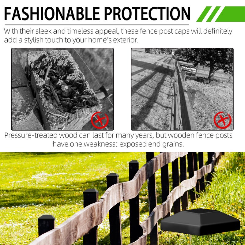 TonGass (6-Pack, Black) 4x4 (3 5/8"") Wood Fence Post Caps - Wooden Fence Deck Post Covers - Durable Plastic Water-Proof and UV-Proof - Protect Wooden Fence Poles from Cracking and Rotting - Image 4